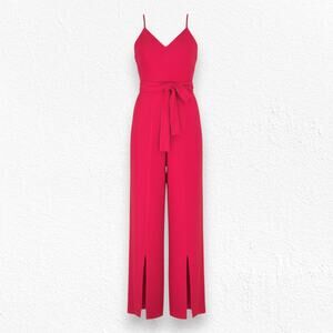 Dress the Population Red Rouge Stevie V Neck Wide Leg Belt Jumpsuit Size Medium